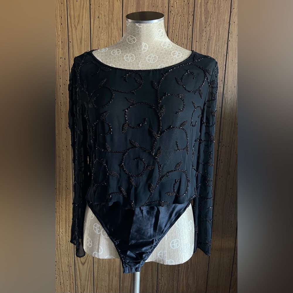 Oleg Cassini  Black  Tie vintage black Beaded Bodysuit